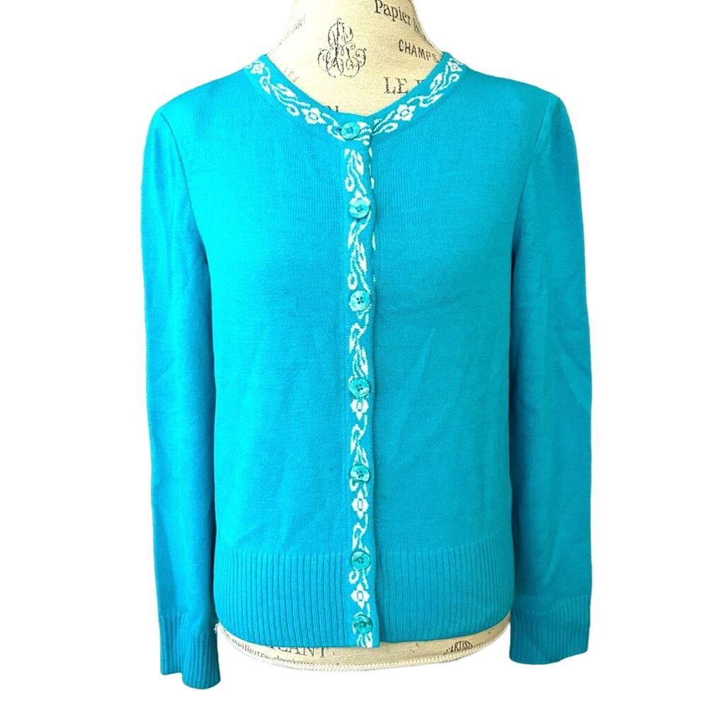 Vintage St. John blue buttons floral trim wool cardigan sweater ribbed hem sz s